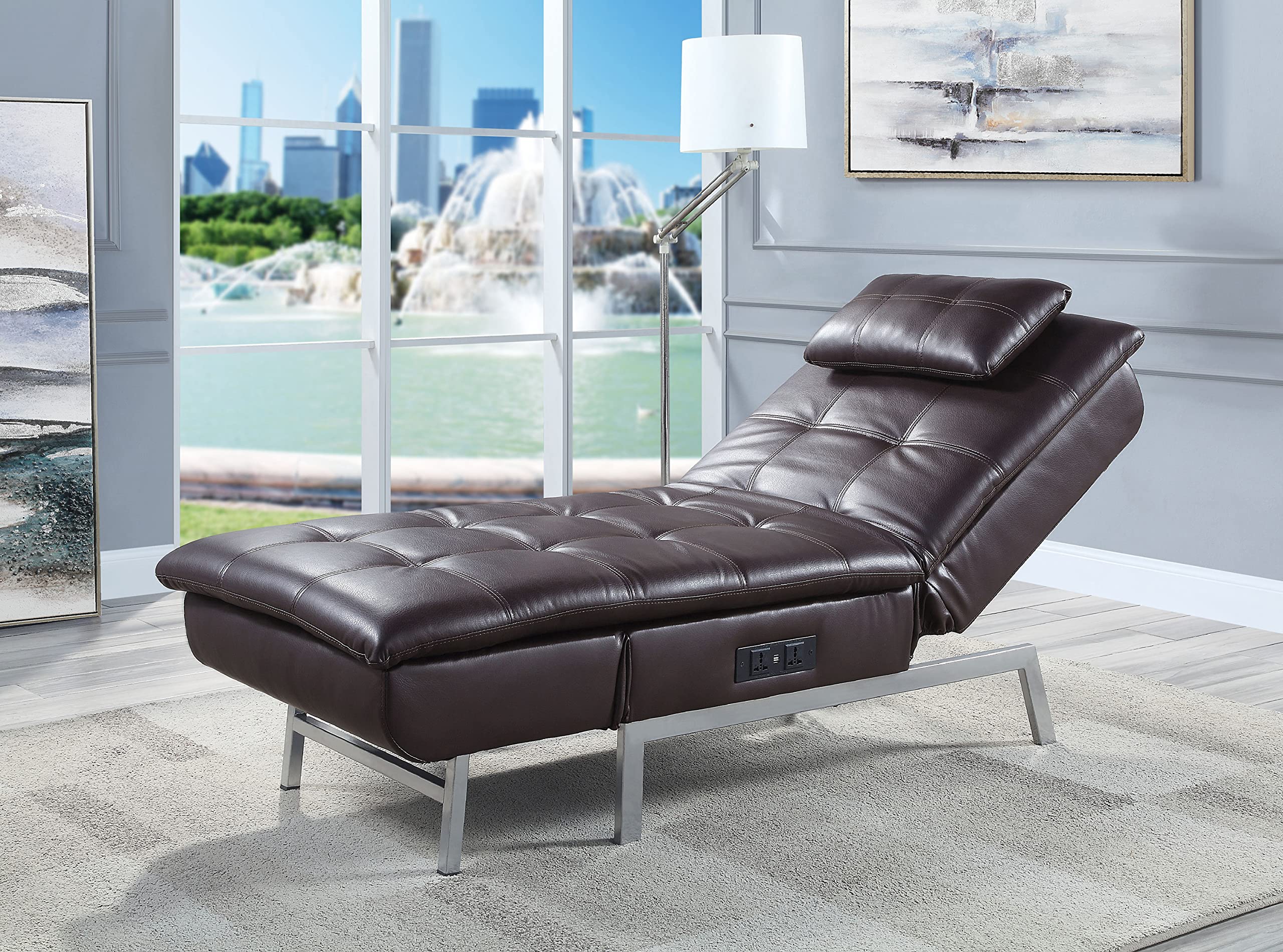 Acme Padilla Chaise Lounge with Pillow and USB Port in Brown